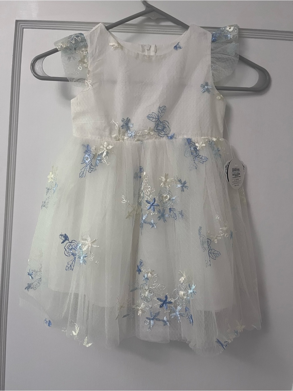 Popatu White Tulle Dress with Blue Floral Embroidery